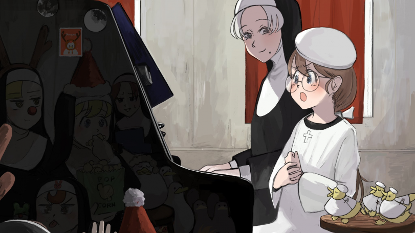 "Она учится петь с фортепиано."